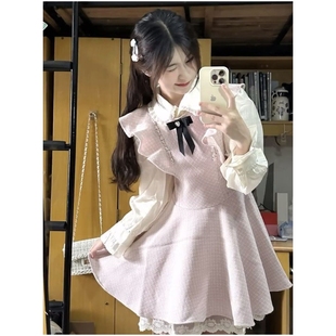 小香背带连衣裙秋冬甜美收腰蓬蓬裙小个子富家千金两件套装裙飞袖