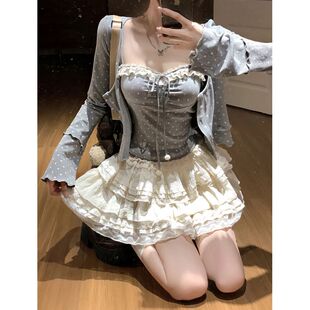 外套春秋纯欲甜美蕾丝吊带上衣蛋糕裙三件套 开衫 碎花波点套装 长袖