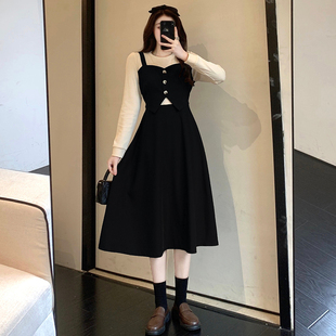 长裙女秋冬法式吊带假两件冬季2022新款小个子打底连衣裙女配大衣