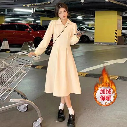 加绒加厚温柔风长袖连衣裙女秋冬季高级感过膝中长裙子内搭打底裙