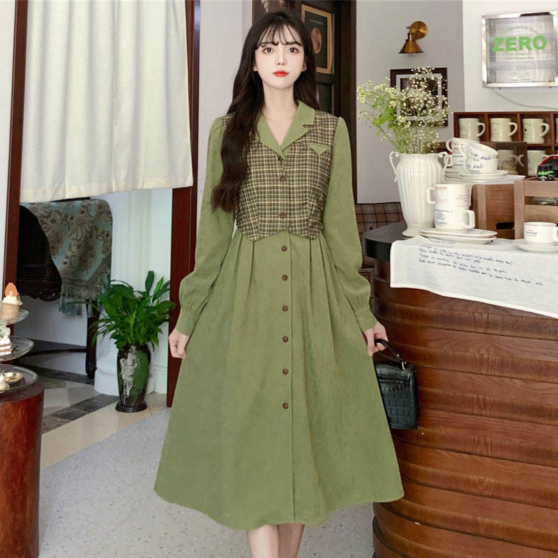 西装领洋气收腰长款过膝裙子