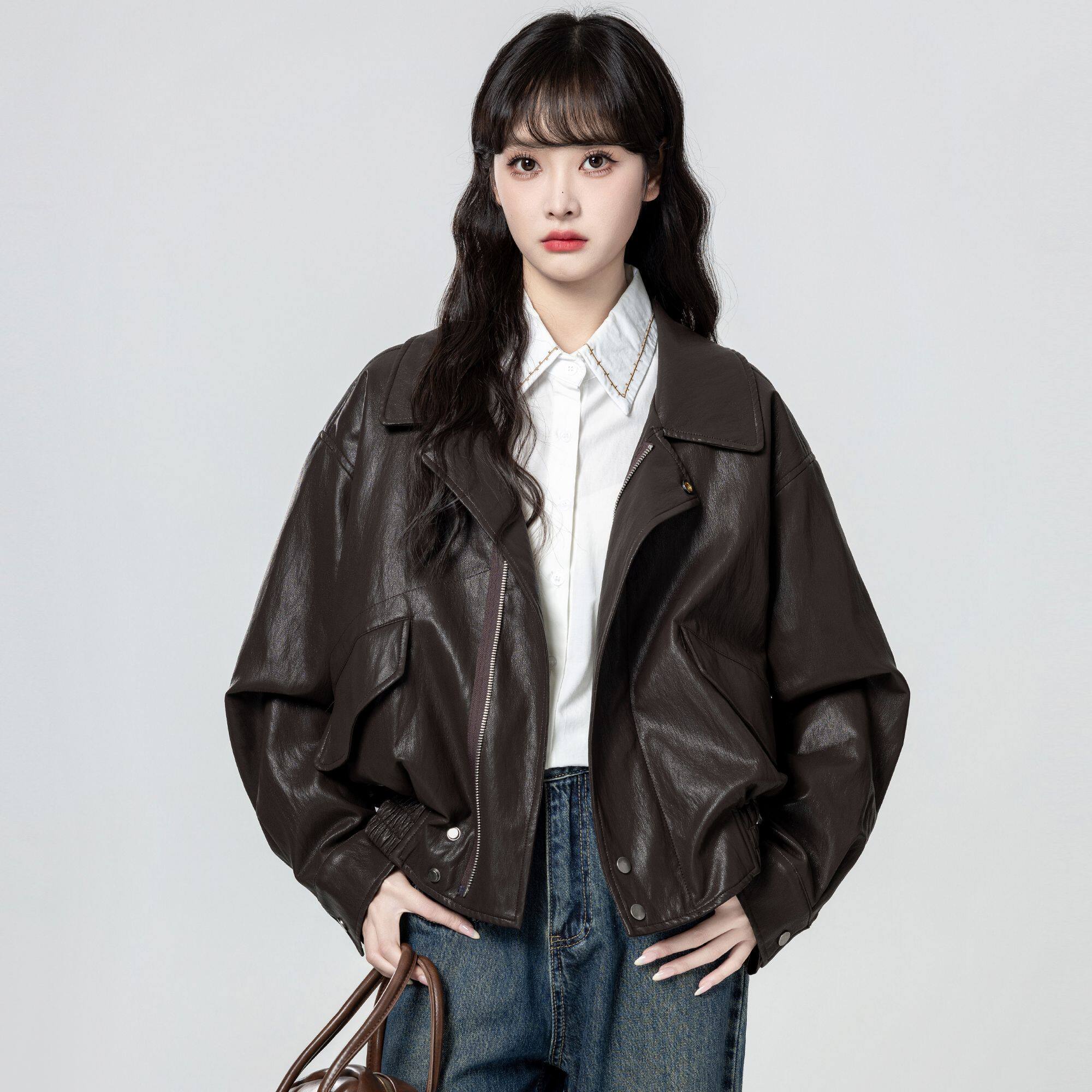 棕色复古皮衣外套女春秋冬2025美式宽松翻领皮夹克短款上衣美拉德,女装/女士精品,皮衣,淘宝优惠券,粉丝福利购,淘宝优惠卷