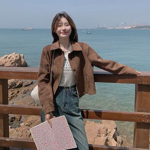 美拉德麂皮绒外套女短款2025春秋港风复古宽松小个子薄款夹克上衣