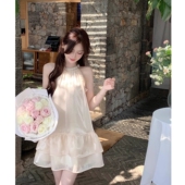 法式 气质高端精致无袖 挂脖连衣裙别致绝美仙女裙小个子生日小礼裙