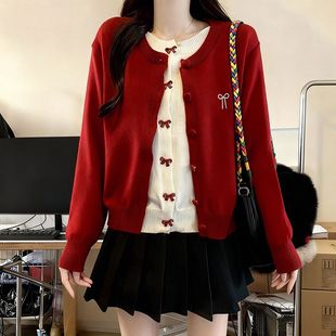 红色假两件短款毛衣开衫外套百褶裙两件套春秋蝴蝶结针织上衣套装
