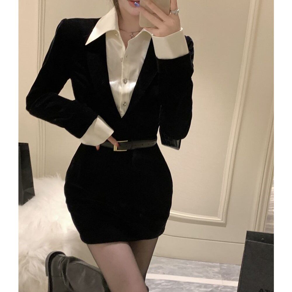 黑色polo领甜酷衬衫拼接连衣裙女春秋收腰假两件裙子辣妹包臀短裙