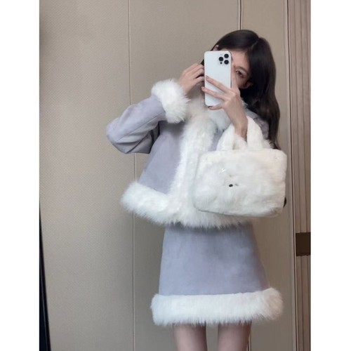 小香风2025毛毛领两件套裙装