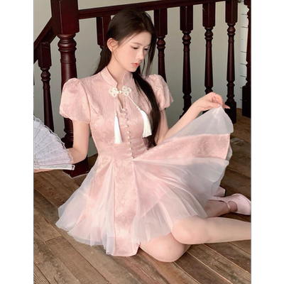 新中式网纱流苏短裙连衣裙