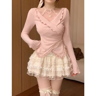 纯欲风甜美木耳边长袖 春秋甜辣风两件套 不规则蕾丝上衣半身裙套装