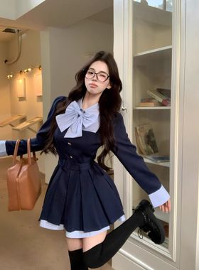 秋冬韩系ins连衣裙套装假两件穿搭学院风氛围感富家千金a字百褶裙