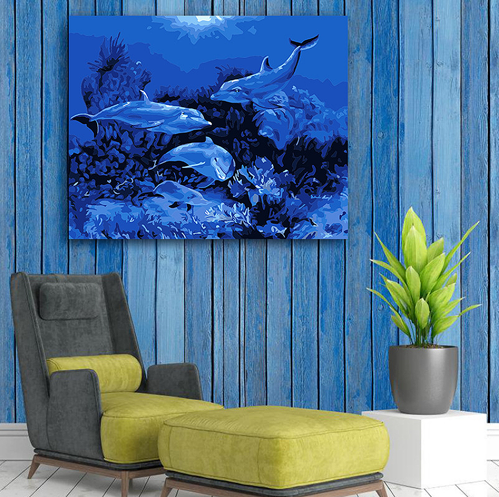 北欧风海豚海洋世界diy数字油画简约现代蓝色装饰画男朋友礼物