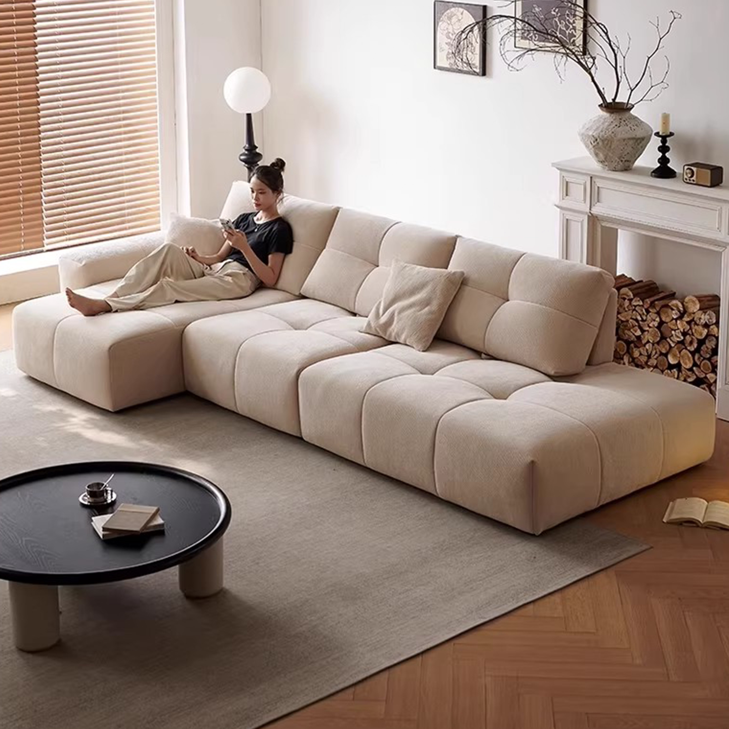 雪尼尔贵妃位沙发现代简约奶油风客厅L型可调节靠背转角布艺沙发