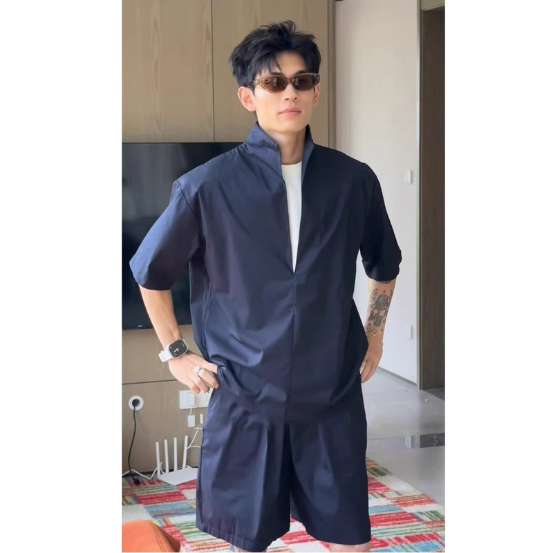夏季凉感冰丝速干假两件短袖衬衫套装男士高级感痞帅气质穿搭套装