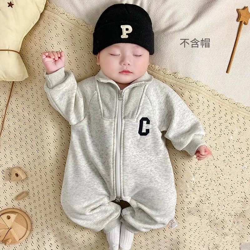 婴儿连体衣春秋季小孩长袖拉链外出服休闲爬服宝宝哈衣新生儿衣服