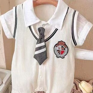 2025新款婴儿夏装帅气百天周岁满月服宝宝连体衣薄款开衫短袖哈衣