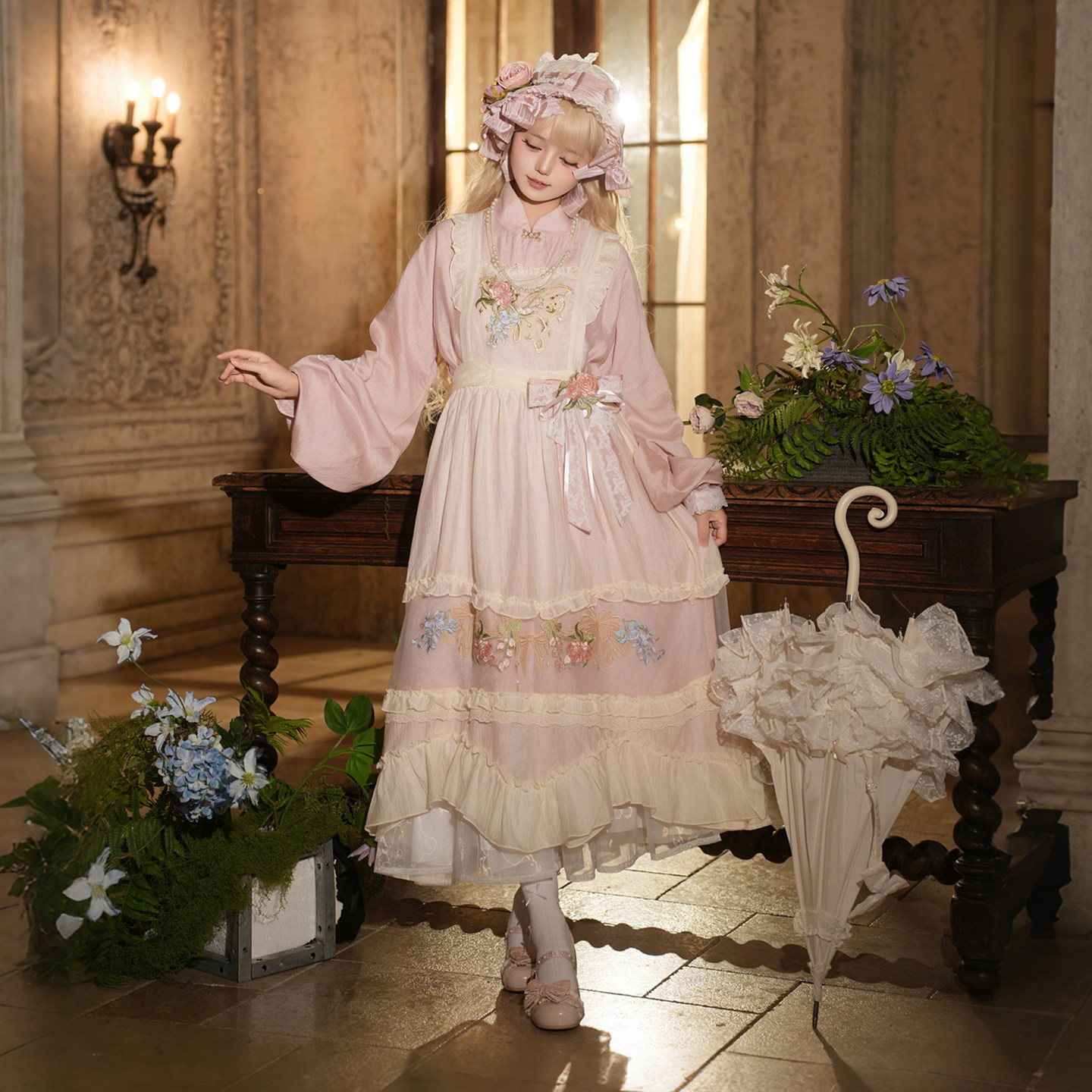 蓓蕾精灵原创汉服汉洋折衷裙套装lolita刺绣罩裙女立领琵琶袖新款