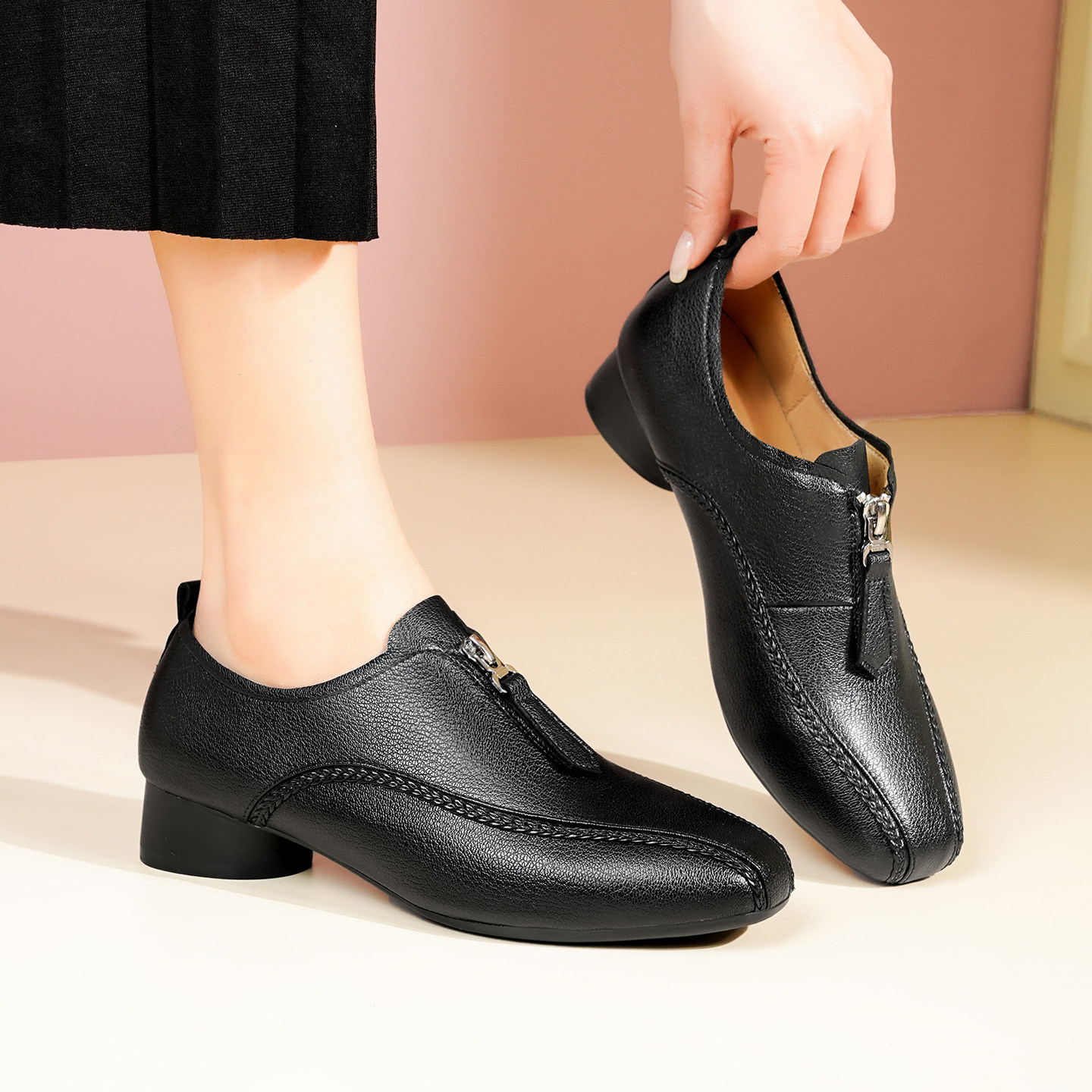 英伦风深口单鞋女款真皮方头小皮鞋中低跟休闲百搭平底女士乐福鞋