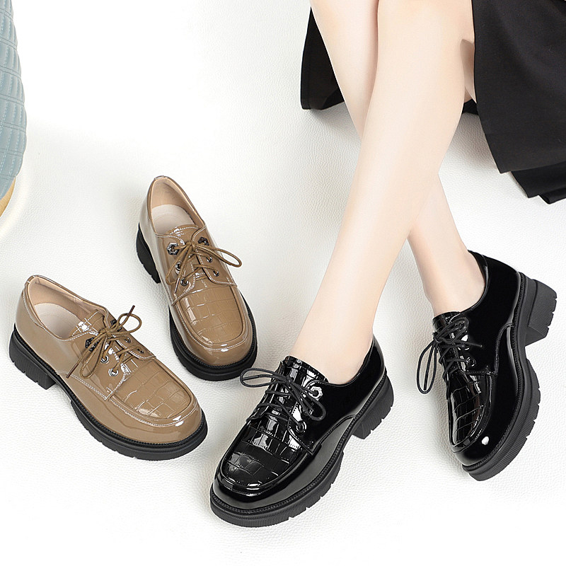 小皮鞋女英伦风厚底乐福鞋2025新款春秋真皮系带休闲单鞋漆皮女鞋