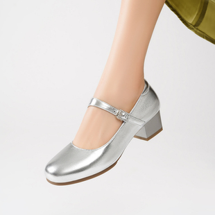 真皮广场舞鞋软底高跟新款银色女士跳舞的专用舞蹈鞋子不累脚单鞋