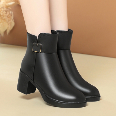 短靴真皮粗跟女鞋羊毛靴加绒皮鞋