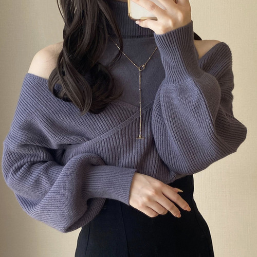 日本GRL正品官网代购包邮 超爆款人气高领露肩针织上衣[ru1018]