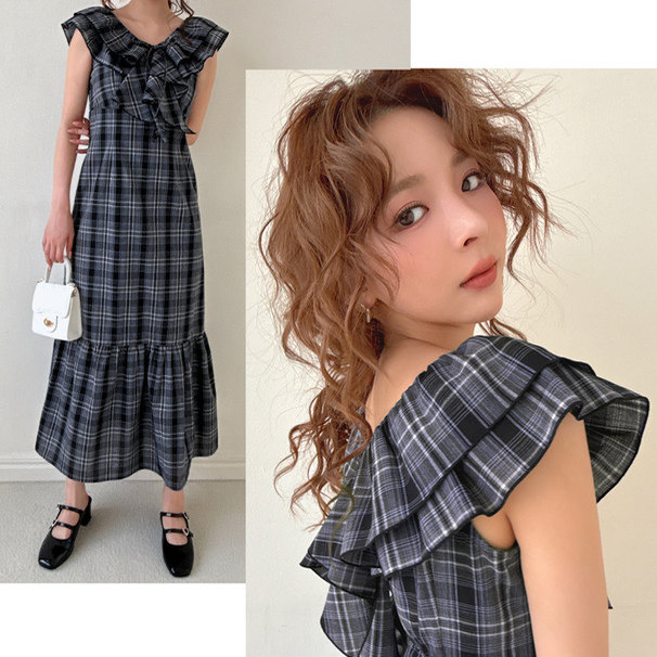 日本GRL官网代购包邮日系绝美格纹荷叶边美人鱼连衣裙[tu1724]