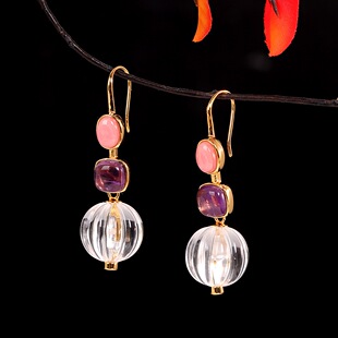 轻奢时尚S925纯银镀金白水晶耳环女彩色宝石耳钩耳饰显白显气质