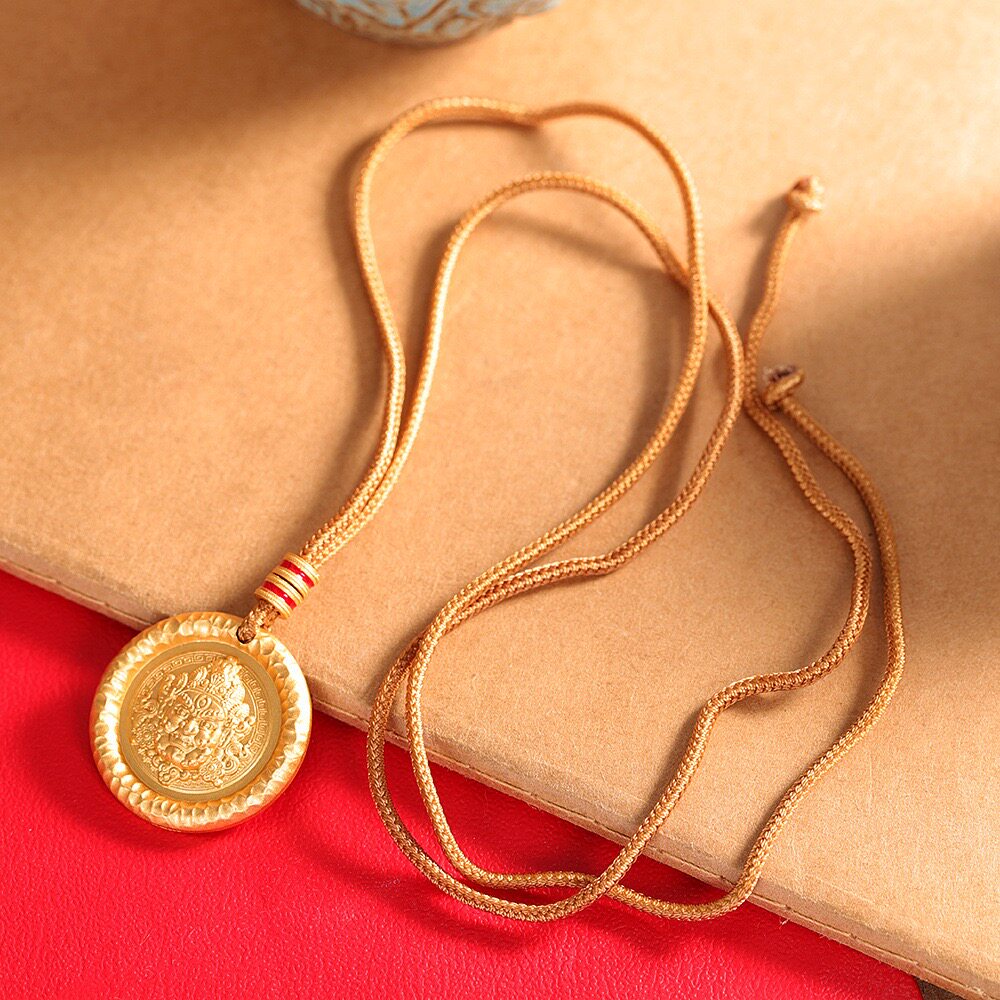 古法足银9999黄财神项链女复古纯银毛衣链镀金吉言吊坠长款礼物