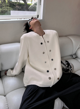 THREENINE 小众设计感宽松针织开衫纽扣装饰纯色圆领毛衣外套男女