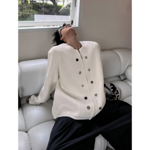 饰纯色圆领毛衣外套男女 纽扣装 THREENINE 小众设计感宽松针织开衫