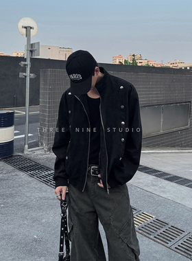 THREENINE 韩系街头绒面立领黑色夹克男双排金属装饰设计廓形外套