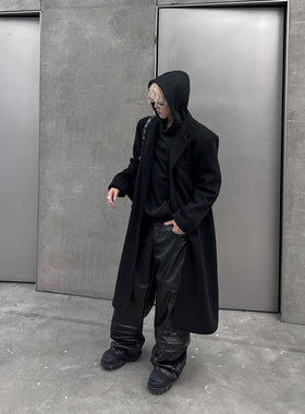 THREENINE 冬季新款黑色毛呢大衣过膝长款廓形宽松休闲外套男女潮