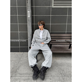 宽松阔腿裤 THREENINE 秋冬廓形立领假两件设计卫衣男百搭运动套装