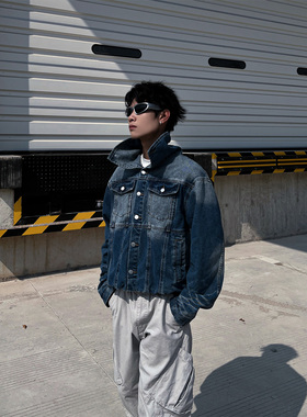 THREENINE原创 小众复古水洗大翻领短款宽松牛仔外套夹克男女潮
