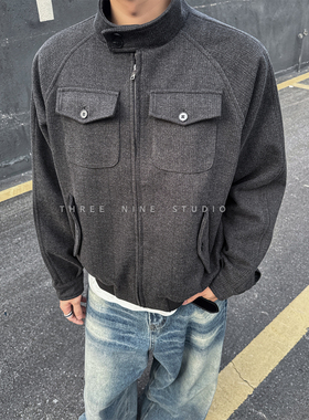 THREENINE 韩系秋冬立领呢子夹克男短款廓形工装cleanfit外套高级