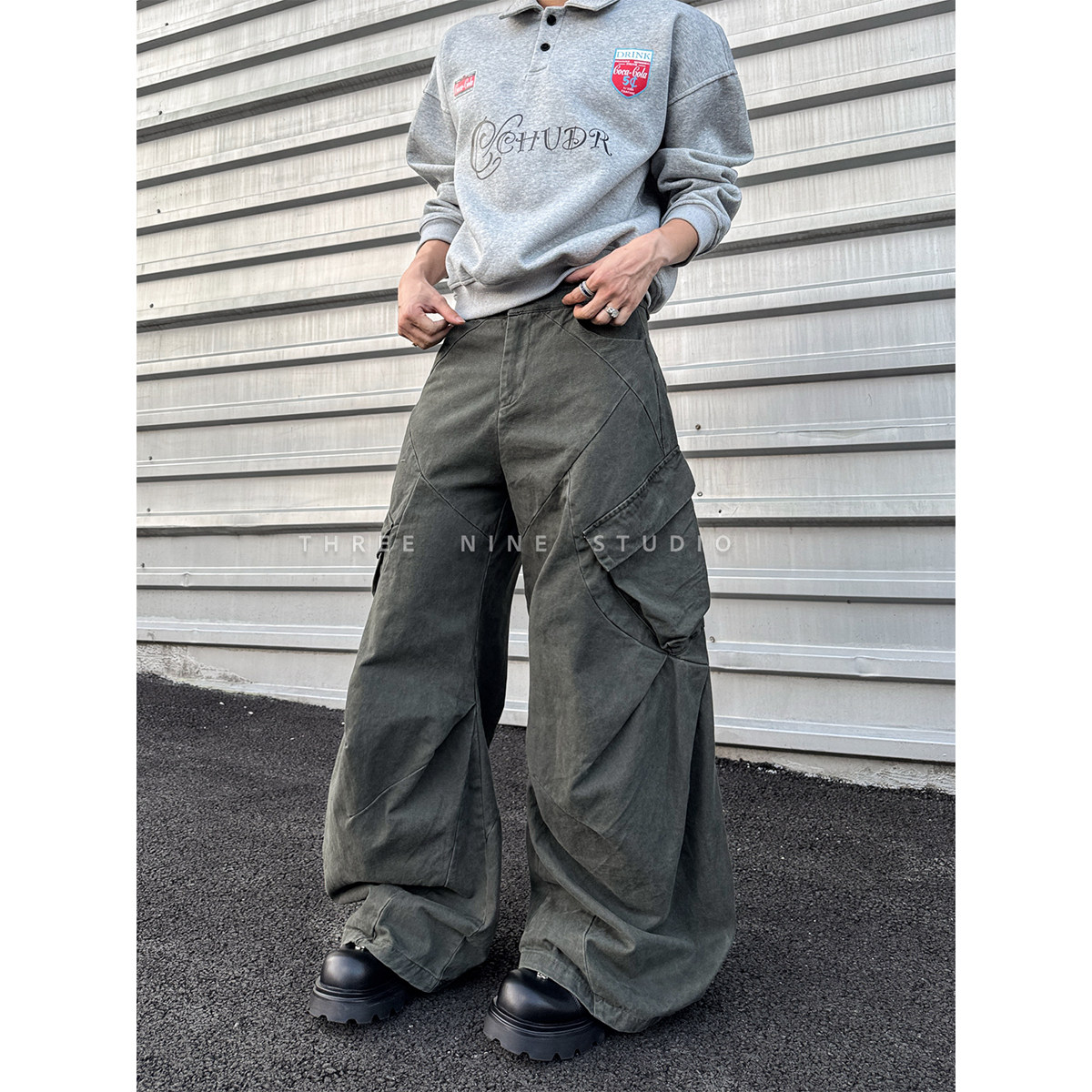 THREENINE 复古解构设计感大口袋工装裤男女水洗做旧廓形阔腿裤子,男装,牛仔裤,淘宝优惠券,粉丝福利购,淘宝优惠卷