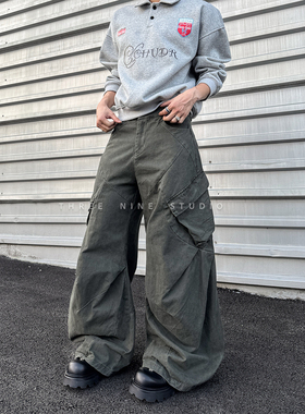 THREENINE 复古解构设计感大口袋工装裤男女水洗做旧廓形阔腿裤子