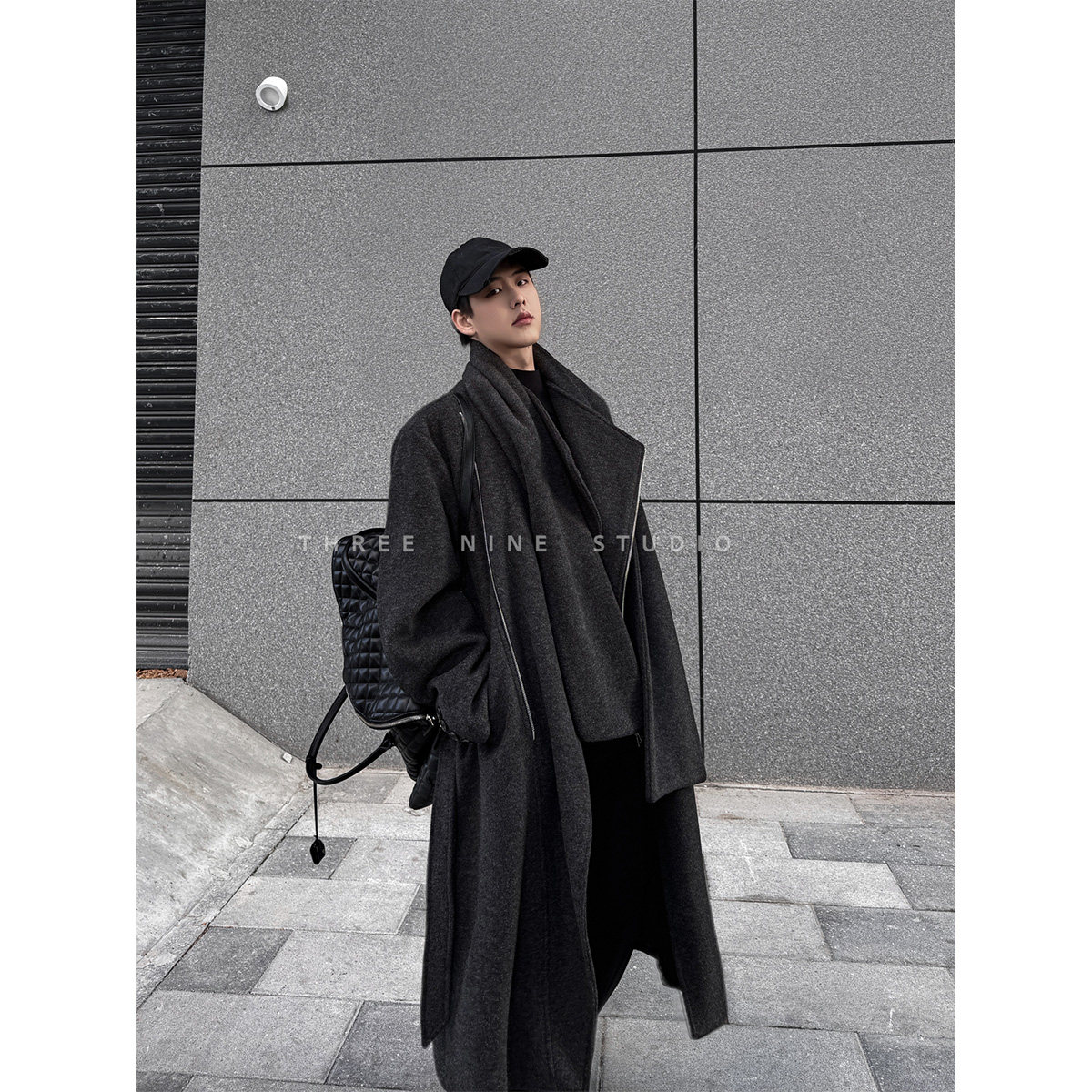 THREENINE 冬季小众不规则裁剪设计感无领毛呢围巾大衣廓形外套男,男装,毛呢大衣,淘宝优惠券,粉丝福利购,淘宝优惠卷