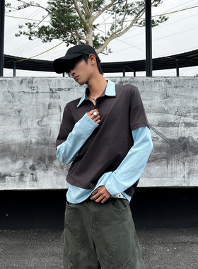 THREENINE 复古撞色假两件拼接长袖T恤男韩系小众翻领宽松上衣潮