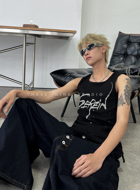 THREENINE 美式朋克嘻哈背心男女喷绘泼点设计百搭修身无袖T恤潮