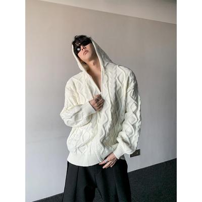 粗麻花开衫连帽毛衣韩系慵懒