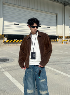 THREENINE复古铆钉麂皮绒翻领短款夹克男cleanfit正肩百搭外套潮