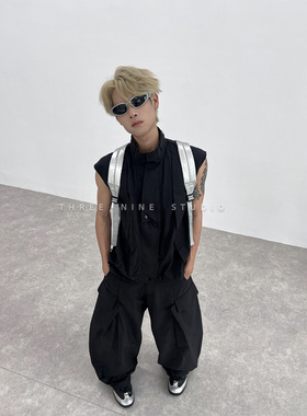 THREENINE小众不规则门襟抽绳设计马甲外套男女宽松工装裤套装潮