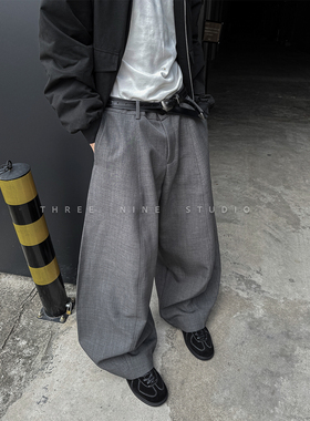 THREENINE 韩系弯刀廓形西裤男解构设计感百搭通勤宽松阔腿休闲裤