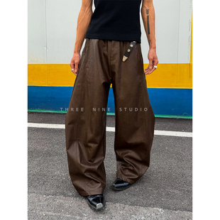 THREENINE小众复古廓形解构设计弯刀皮裤 潮 男女休闲百搭直筒长裤