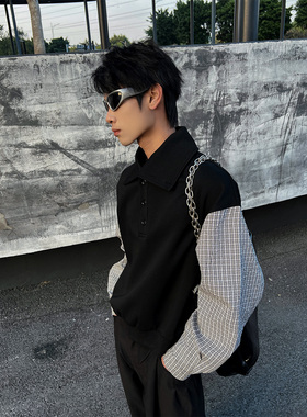 THREENIN 复古大翻领拼接假两件空气层卫衣男纯色格纹设计感上衣