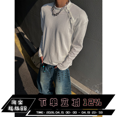 THREENINE韩系斜扣圆领长袖T恤潮