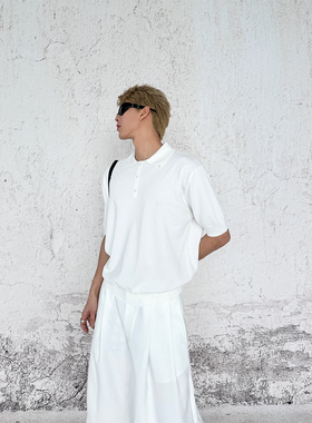 THREENINE【街头松弛】小众钮扣设计感莱赛尔两感针织短袖T恤男潮