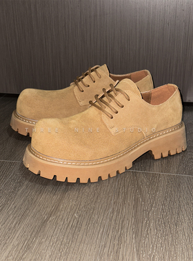 THREENINE 大头绒面德比黄靴真皮低帮复古厚底增高圆头皮鞋男女潮