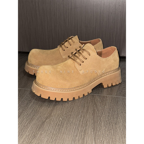 大头绒面德比黄靴真皮低帮